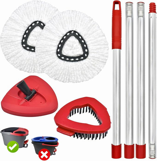 Spin Mop Heads Replacements for O Ceda EasyWring 1-Tank System, 4-Section Stainless Steel Mop Handle, 2 Microfiber Mop Head Refills, 1 Base and 1 Scrub Brush Combo Set for Floor Cleaning