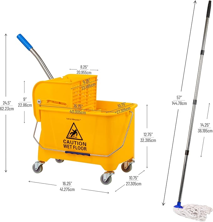 Mind Reader Bucket with Wringer and Mop Set, 22 Qt (5.5 Gallon), Floor Cleaning, Wheels, 16.25" L x 10.75" W x 24.5" H, Yellow