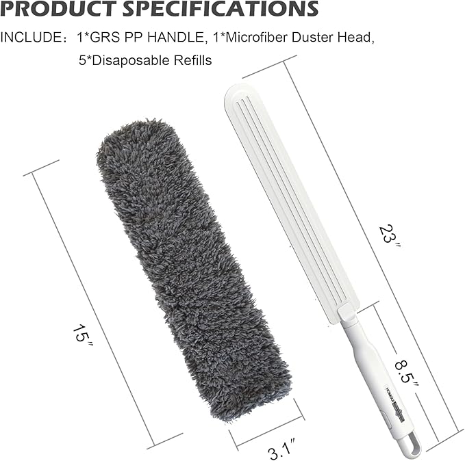 Microfiber Duster, Dusters for Cleaning, Hand Duster with Washable Head, Feather Dusters for Cleaning Cobweb, Blinds, Furniture, Cars-Gray