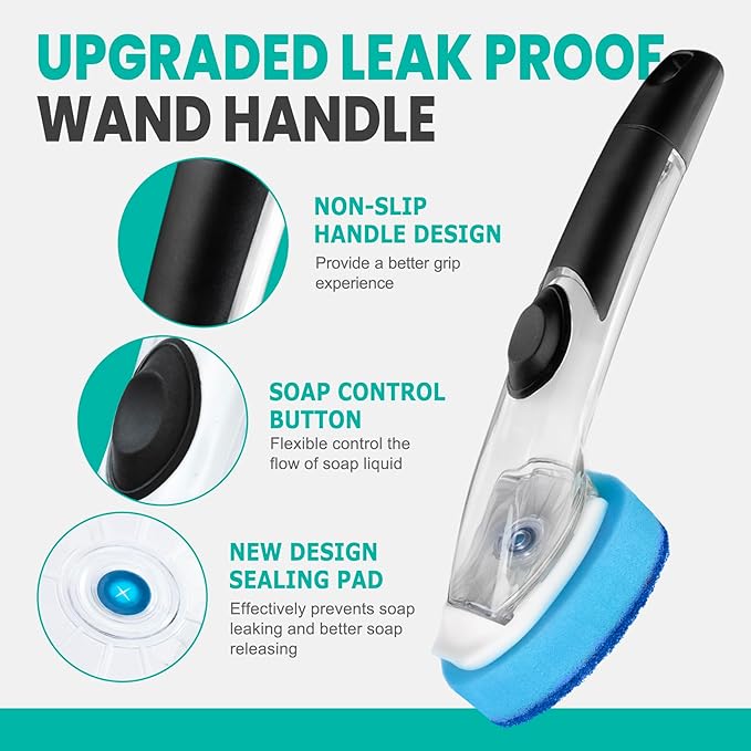 HELIME Dishwand Handle with Sponge Refills,5 Heavy Duty Dish Wand Refill with Hole,Non-Scratch Dishwashing Brush with Soap Control Dispenser, Leak-Proof Kitchen Scrubber for Pans,Dishes,Scrub Clean