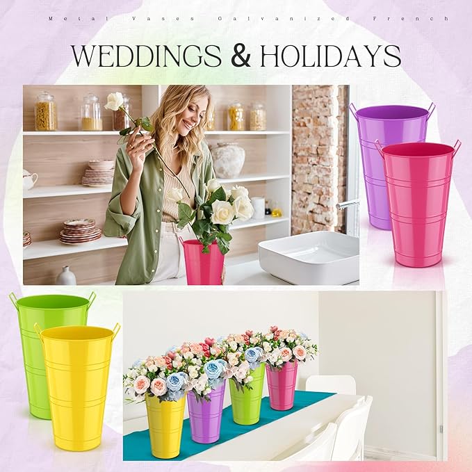 Zhehao 12 PCS 12 Inch Galvanized Metal Vase with Handles Bulk Tin Flower Buckets Galvanized Vases for Country Wedding Table Centerpieces Flower Buckets for Wedding Home (Green, Yellow, Purple, Rose)