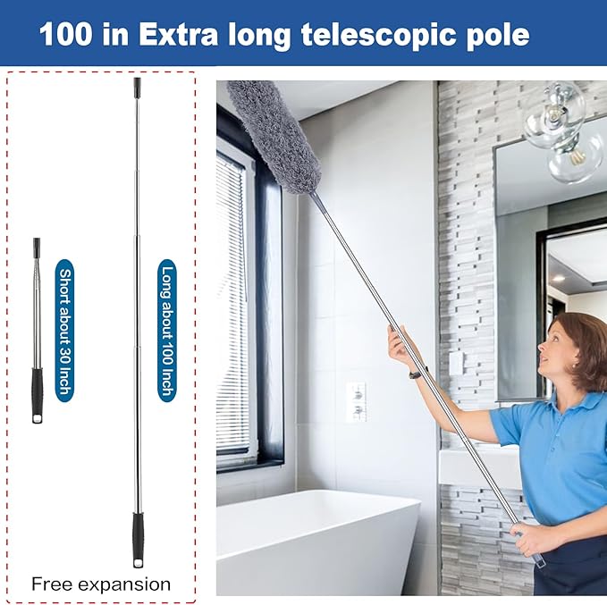 FUUNSOO Microfiber Feather Duster, Duster with Extension Pole 30-100 Inches,Ceiling Fan Cleaner Duster Retractable Gap Dust Brush Cleaner for Cleaning Cobweb,High Ceiling,Blinds, (Dark Gray)