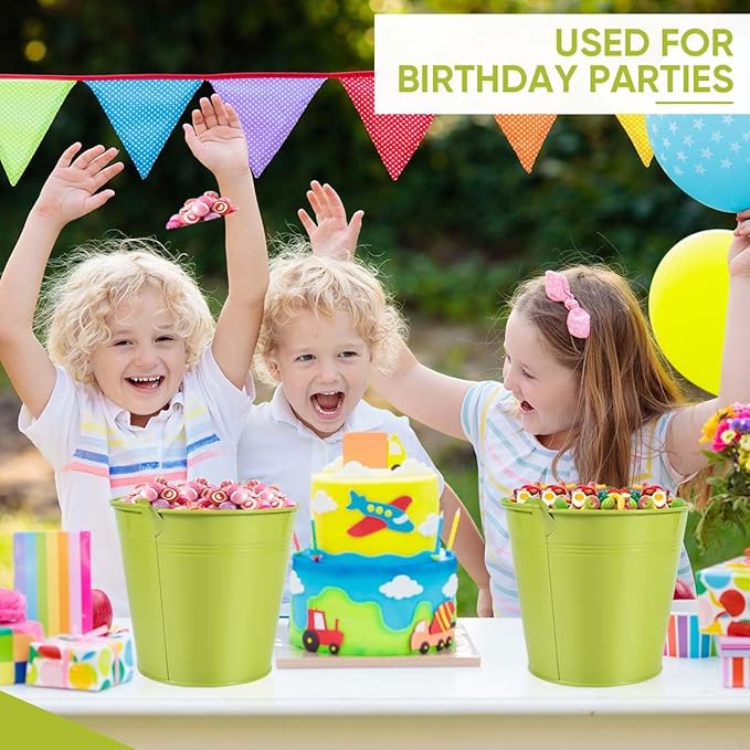 OBTANIM 7 Pack Green Metal Buckets with Handle Galvanized Ice Pails for Plants, Succulents, Party Favors Organizing, Rustic Home Decor or Classrooms Pencil Storage (7.1 x 5.2 inch)