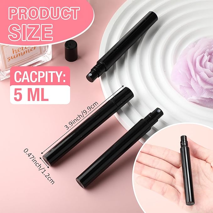 Tanlade 300 Pcs 5ml Mini Spray Bottles Black Plastic Perfume Atomizer Sprayer Bottles Portable Perfume Travel Refillable Bottle for Travel Pocket Dispenser Container