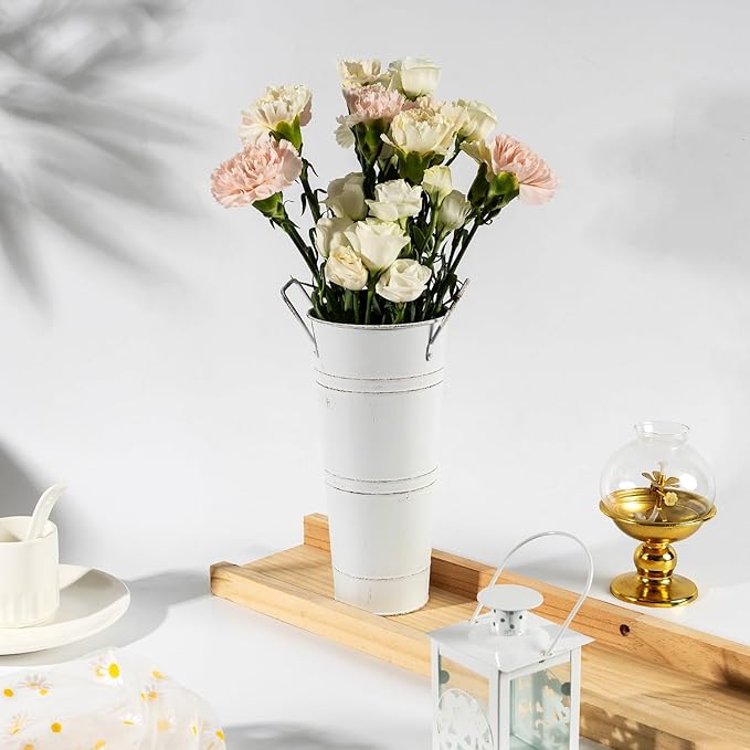 9 Inch Galvanized Metal Vases for Flowers - 8 Pcs Farmhouse Decorative Tall Flower Bucket with Handles, Rustic French Tin Planter Buckets for Table Weddings Home Decor (White, 8 Pcs 9inch)