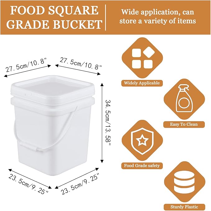 White Plastic 5 Gallon Cleaning Bucket with Handle, Square Bucket with Disposable Seal Lid for Food, All Purpose Pail, 4 Packs