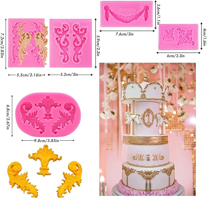Rainmae 7 Pcs Baroque Fondant Silicone Molds, Relief Flower Lace Chocolate Mould, Scroll Lace Clay Mold, Filigree Mold 3D Sculpted Decoration, Cupcake Topper, Jewelry, Polymer Clay, Crafting Projects
