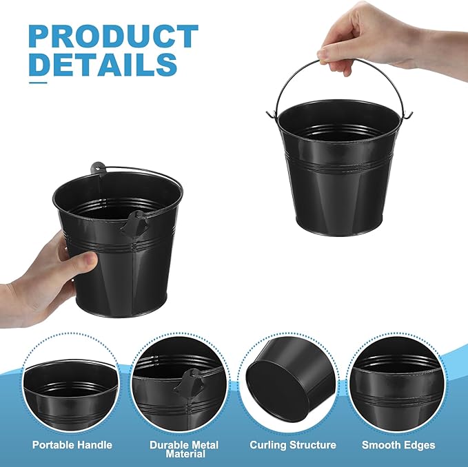 PATIKIL 5.1"x4.7" Small Metal Buckets with Handle, 12 Pcs Mini Galvanized Bucket Colorful Easter Buckets for Crafts Party Favors Decoration, Black