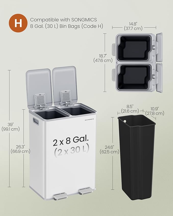 SONGMICS Trash Can, 2 x 8 Gallon (2 x 30 L) Dual-Compartment Garbage Can with Soft-Close Lid, Pedal and Inner Buckets, Stainless Steel, Includes 15 Liner Bags, Matte White ULTB741W01