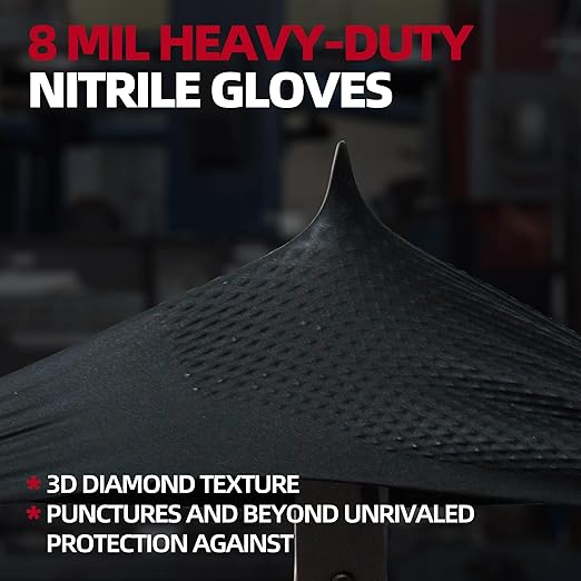 Jointown Basic Heavy Duty Nitrile Gloves, Mechanic Gloves 8 Mil Nitrile Disposable, with Raised Diamond Texture, Case of 500, Black, Medium