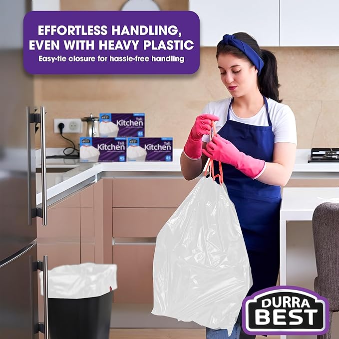 Heavy-Duty 1 Mil 13 Gallon White Trash Bags (45 Count) - Drawstring, Leak-Resistant for Home & Commercial Use