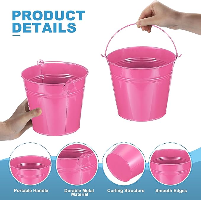PATIKIL 5.9"x5.1" Small Metal Buckets with Handle, 6 Pcs Mini Galvanized Bucket Colorful Easter Buckets for Crafts Party Favors Decoration, Rose Red