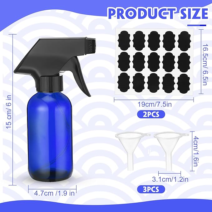 Fumete 20 Pcs 4 oz Glass Spray Bottles Empty Refillable Sprayer Containers with Funnels Labels Black Trigger Sprayers Spray Bottles for Essential Oil DIY Kitchen Hair Plants(Blue)