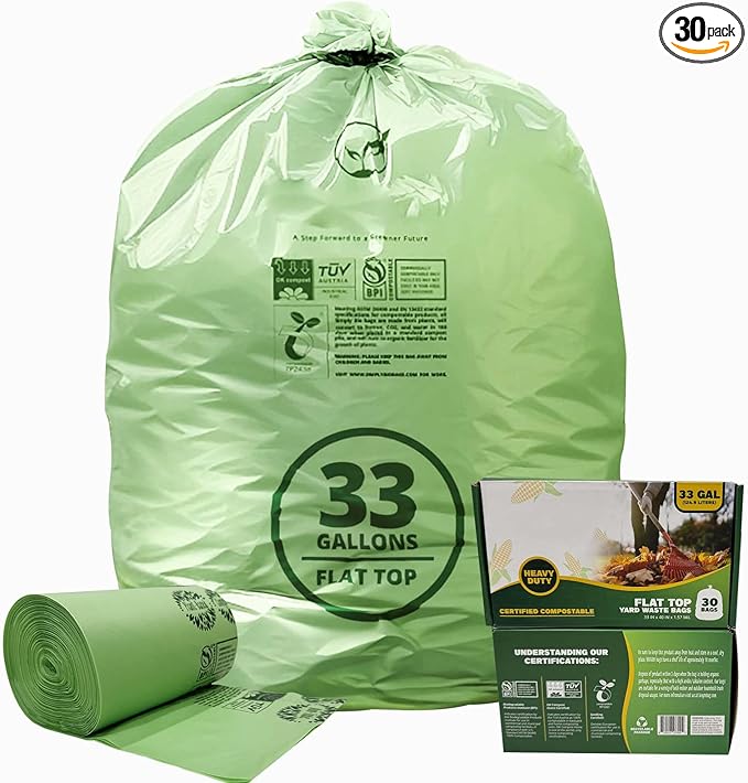 30-33 Gallon Compostable Trash Bags with Flat-Top, Heavy Duty Extra Thick 1.57 Mil, 124.92 Liter, 30 Bags, Large Lawn and Yard Waste Bag, ASTM D6400, US BPI and OK Compost Home Certified