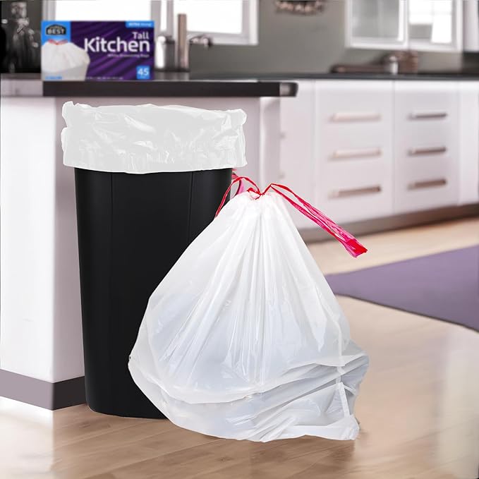 Heavy-Duty 1 Mil 13 Gallon White Trash Bags (45 Count) - Drawstring, Leak-Resistant for Home & Commercial Use