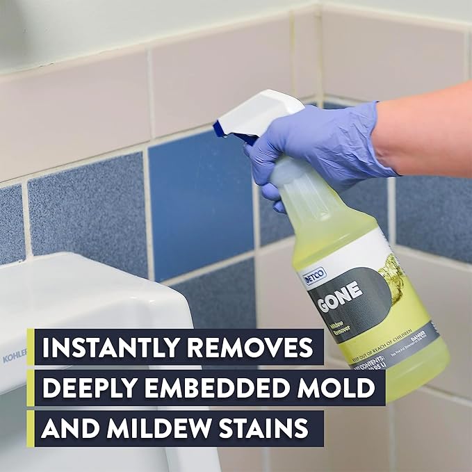 GONE Instant Mold & Mildew Remover - 12.5% Bleach Industrial-Strength Cleaner, Stain Removal on Shower, Siding, Bathroom Tile, Grout, Trim, Boats, and Outdoor Furniture, 1-Quart Spray Bottle