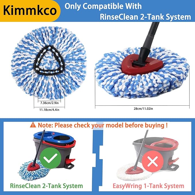 6 Pack Mop Head Replacement for O Cedar Only 2-Tank RinseClean Spin Mop, Mop Replace Refills for Ocedar Made of Fluffy Microfiber, Machine Washable, with 1 Mop Base