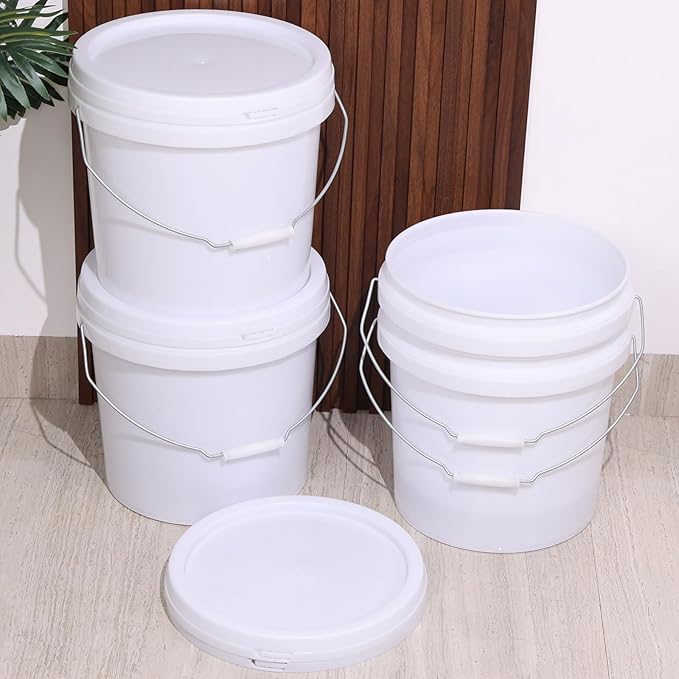 4 Packs Round Plastic Food Bucket with Lids, Plastic Pail with Handle, 4 Gallon, White