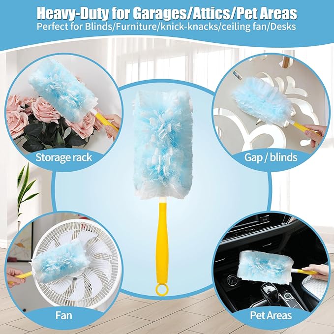 60 Count 360° Heavy Duty Duster Refills Compatible with Swiffer, Large Size-Extra Thick Disposable Electrostatic Duster Refill with 1 Short Handle for Furniture, Blinds, Ceiling Fans(Blue)