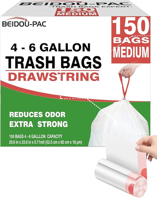 Trash Bags 4-6 Gallon Drawstring, 150 Count, Multifold Roll Garbage Bags, Medium Kitchen Trash Bags, Odorless & Heavy Duty White Plastic Food Scrap Bags for Bathroom Bedroom Office Waste