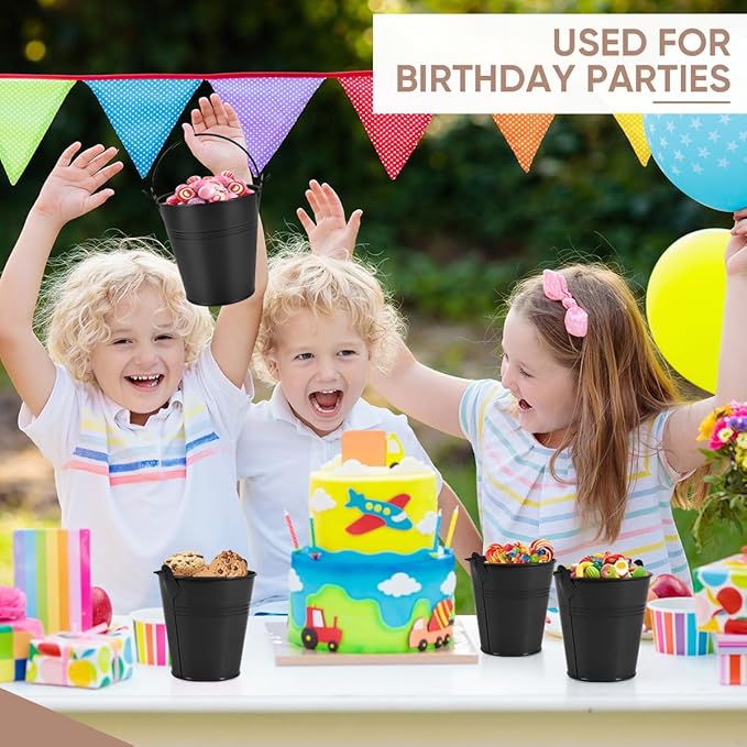 OBTANIM 7 Pack Black Metal Buckets with Handle Galvanized Ice Pails for Plants, Succulents, Party Favors Organizing, Rustic Home Decor or Classrooms Pencil Storage (4 x 2.8 inch)