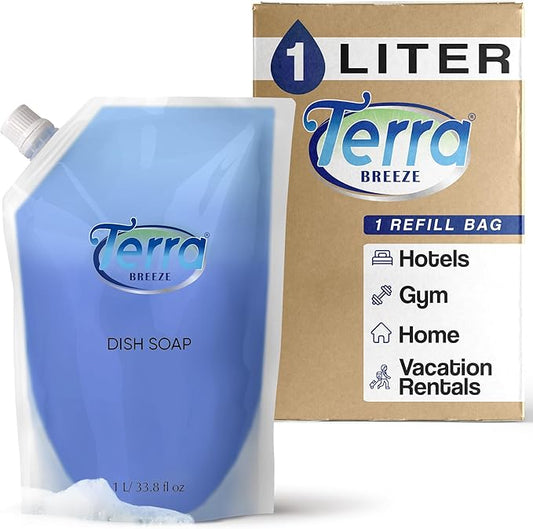 Dish Soap Refill Bag | Non-Toxic, Gentle on Skin | Eco-Friendly Dishwashing Solution for Home Kitchens, Restaurants, and Vacation Rentals | 1 Liter Refill For Small Dispensers