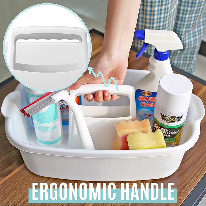 Cleaning Supplies Caddy, Household Tool Organizer with Handle, Portable Plastic Bucket for Shower Essentials Storage, White