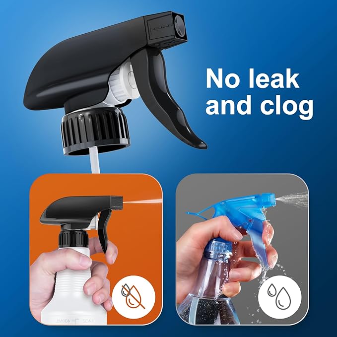 Veco Spray Bottle (2 Pack 16 Oz Black&Folded funnels) with Measurements and Adjustable Nozzle,HDPE Plastic Spray Bottles for Cleaning Solution,Household/Commercial/Industrial Use,No Leak and Clog