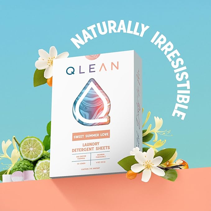 QLEAN Laundry Detergent Sheets (Travel Size 40 Loads) – Travel Laundry Detergent Sheets, Eco-Friendly Laundry Soap, HE & Standard Washer Safe, Stain Remover, Skin-Friendly - Sweet Summer Love