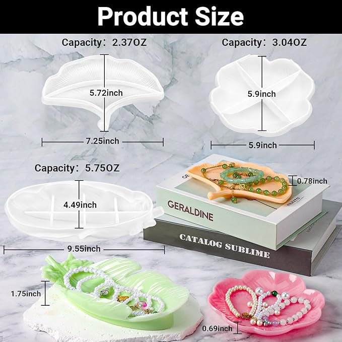 Gartful 3 Pieces Tray Resin Molds, Silicone Jewelry Dish Molds, Storage Container Epoxy Resin Casting Molds for Jewelry Ring Holders, Soap Dish, Candle Holder, 3 Large Tray(Feather&Flower&Ginkgo leaf)