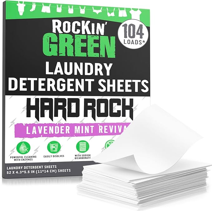 Rockin' Green Hard Rock Travel Laundry Detergent Sheets for Hard Water - Mess-Free Laundry Sheet Detergent with Sodium Bicarbonate - Easily Dissolvable Laundry Soap Sheets (104 Loads, Lavender Mint)