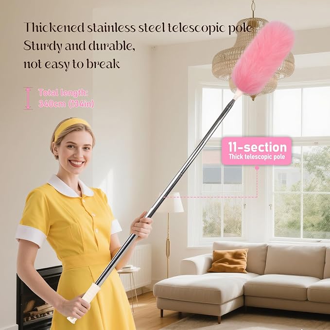 Extendable Lambswool Duster Stainless Steel Handle 133" Removable Feather Duster for Cleaning Ceiling Fans Interior Roof Furniture, Pink