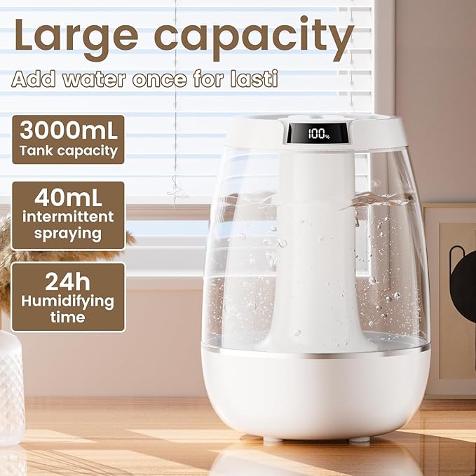 3L Cool Mist Humidifier for Bedroom, Home & Office - Large Capacity, Quiet, Auto Shut-Off, Waterless Protection - Ultrasonic Air Humidifier for Plants & Dry Air