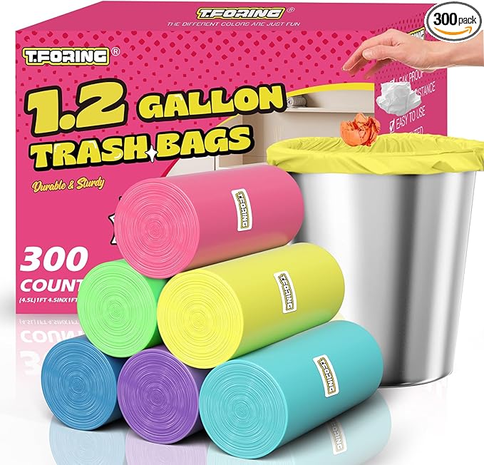 300 Count 1.2 Gallon Trash Bags - 4.5 Liter Colored Small Garbage Bags Unscented Mini Can Liners Leakproof & Tear Resistant for Bathroom, Office, Home