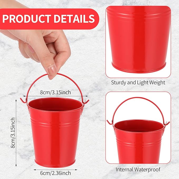 Mini Metal Buckets with Handles Galvanized Buckets 3.15 Inch Mini Container Pails for Metal Tin Plant Holder Pail for Wedding Decoration Party Favor(Red,28 Pcs)