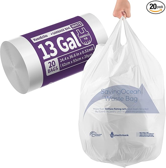 Small Trash Bags with Handles 13 Gallon 20 Count White - Ocean Plastic Upcycling - Plastic Garbage Bags, Can Bin & Waste Basket Liner for Kitchen, Bathroom, Office and Pets