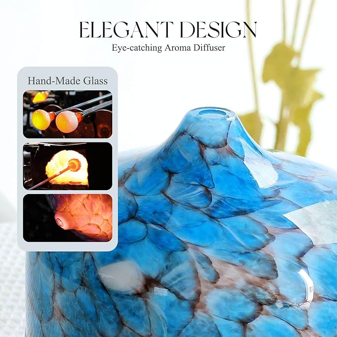 Porseme 500ml Glass Essential Oil Diffuser Aromatherapy Ultrasonic Cool Mist Humidifier 15-21 Running Hours Waterless Auto-Off Air Diffusers for Sleeping Yoga Office Working Spa and Rest (Light Blue)