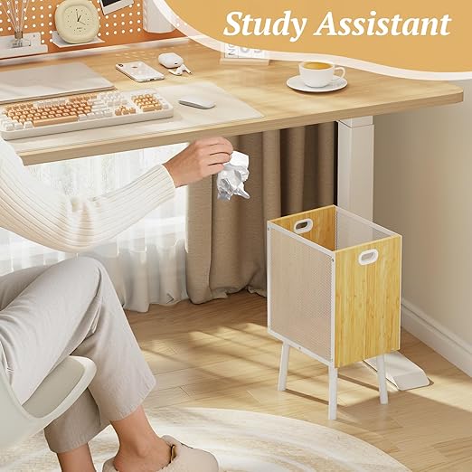 Small Trash Can Bamboo Waste Basket Garbage Can with Handles and Metal Mesh – Rectangular Wood Trash Can with Iron Frame & Legs, Cute Trash Bin for Living Room, Office, Bedroom, Bathroom, 4.5 Gallon