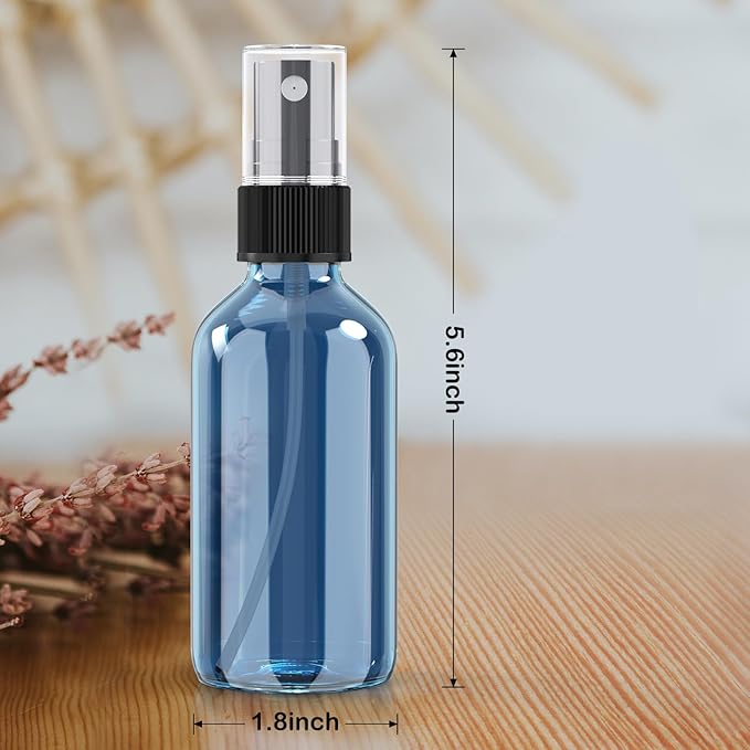 Wedama 4 oz Mini Glass Spray Bottles, Empty Small Spray Bottles with Funnel Dropper, Fine Mist for Hair, Travel, Plants, Cleaning Solutions and Skin Care (4 Pack Indigo Blue)
