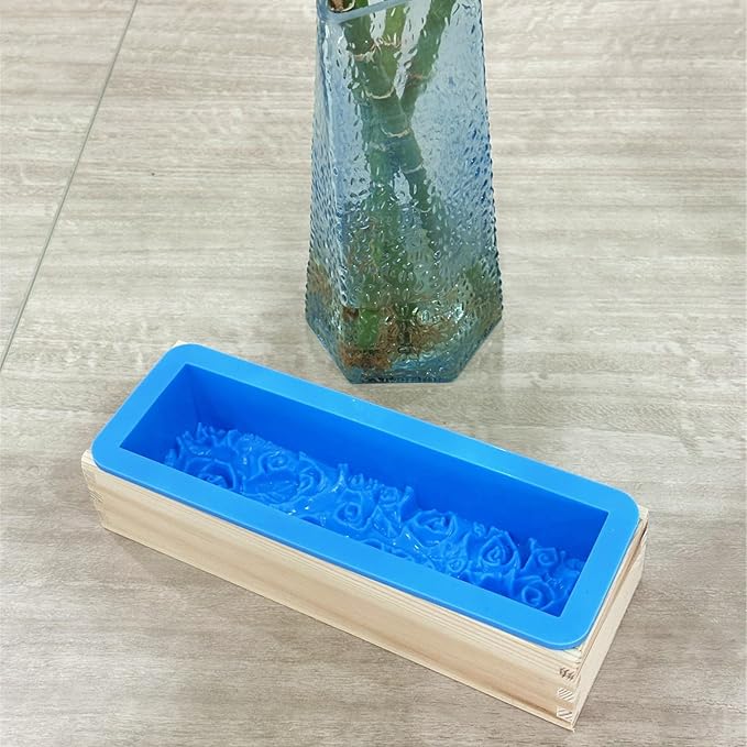 Flexible Rectangular Rose Soap Silicone Mold Flowers Craft Art Silicone Soap Mold Wood Box for Soap Making Supplies (Blue)
