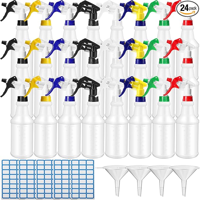 Zubebe 24 Pack 32 oz Plastic Spray Bottle Bulk Empty Leakproof Heavy Duty Spray Bottles for Cleaning Supplies Mist Bottles with Label and Adjustable Nozzle for Plant(Multicolor C,Clear Scale)