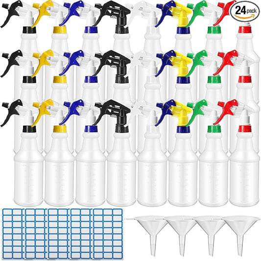 Zubebe 24 Pack 32 oz Plastic Spray Bottle Bulk Empty Leakproof Heavy Duty Spray Bottles for Cleaning Supplies Mist Bottles with Label and Adjustable Nozzle for Plant(Multicolor C,Clear Scale)