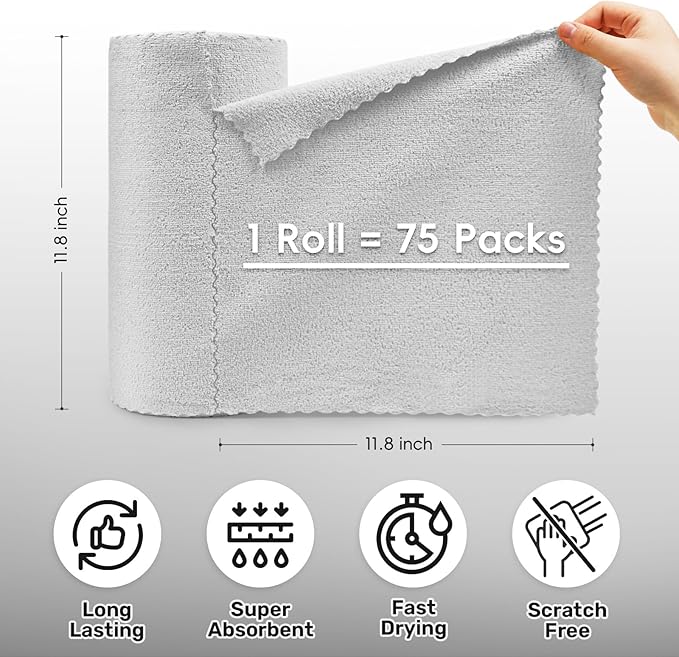 Microfiber Cleaning Cloths Roll, 75 Pack Tear Away Microfiber Towels Roll, 12" x 12" Lint Free Rags, Reusable Cleaning Cloths, Washable, Scratch Free,Ultra Absorbent Dish Rags(Grey)