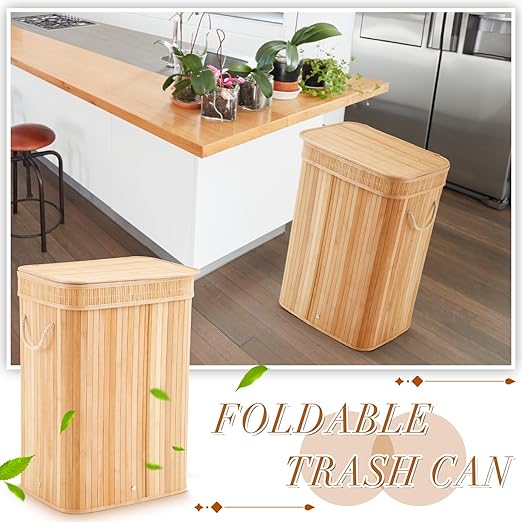 Bamboo Slim Trash Can with Lid, 21 Gallon Large Foldable Slim Rectangular Garbage Can Bamboo Waste Basket for Bathroom Bedroom Office Home Salon Spa