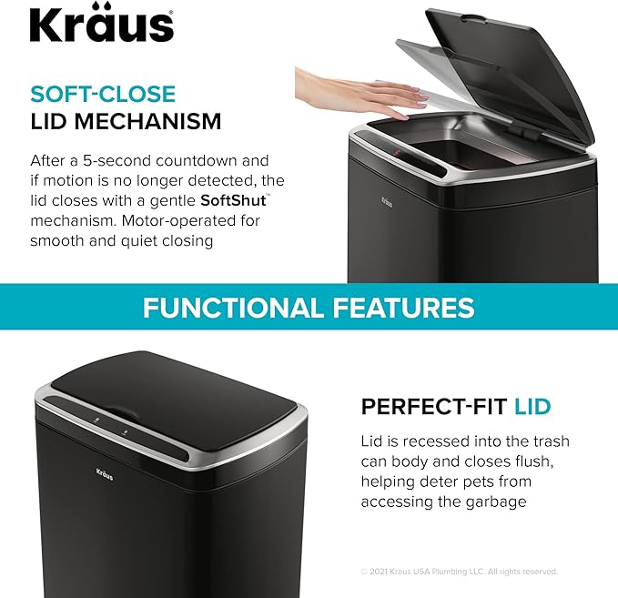 Kraus GarbagePro Rectangular 13 Gallon Hands-Free Motion Sensor Trash Can Battery Operated in Matte Black Finish with SoftShut Touchless Lid, KTCS-10MB