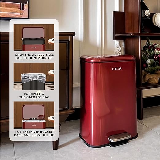 5 Gallon Bathroom Trash Can - Room Step Garbage Can with Lid, Stainless Steel Trash Bin for Kitchen Living Room Bedroom Commercial Restaurant Office (Red, 20Liter / 5.5Gallon)