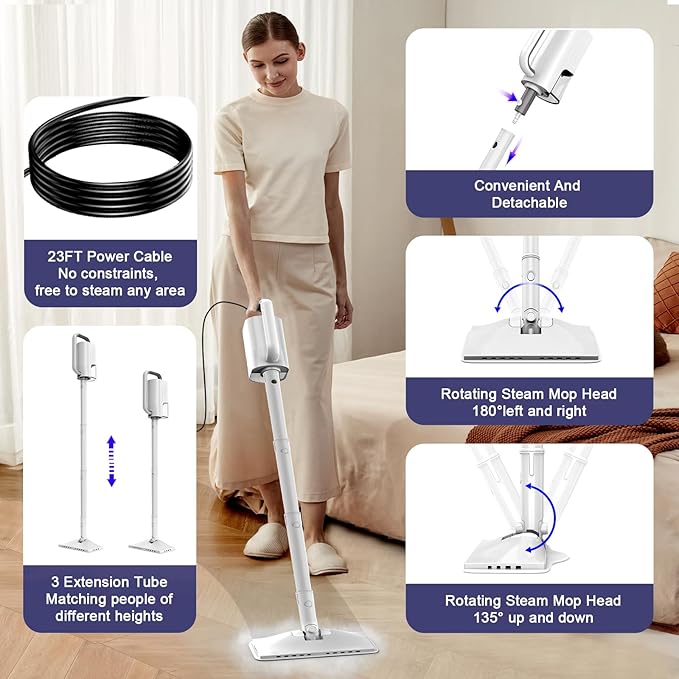 Steam Cleaner, 6 in1 Rotated Steam Mop Cleaner with 2 Modes, 2 Microfiber Pads, 400ML Removable Tank, 23FT Power Cable, Detachable Steam Mops for Floor, Laminate Floor, Tiles Cleaning (Sky White)