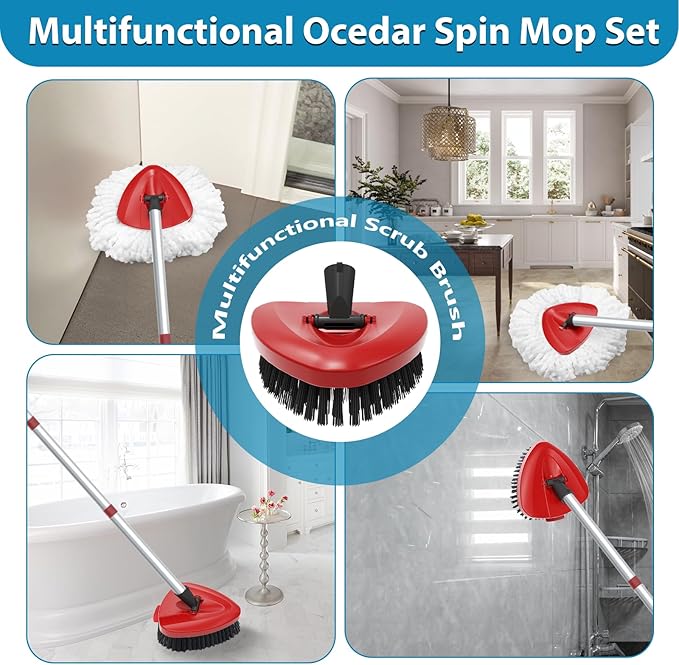 4 Pack Spin Mop Replacement Head Compatible with O Cedar EasyWring 1 Tank Microfiber, 30-58" Handle, Upgraded Triangle Mop Base and Scrub Brush Combo Set