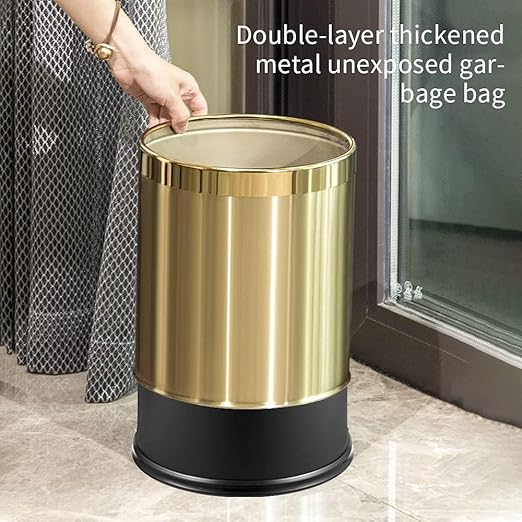 2.6Gallon/10L Brass Gold Bathroom Trash Can - Gold Waste Basket for Bedroom, Office, Store - Metal Trash Bin Without Lid