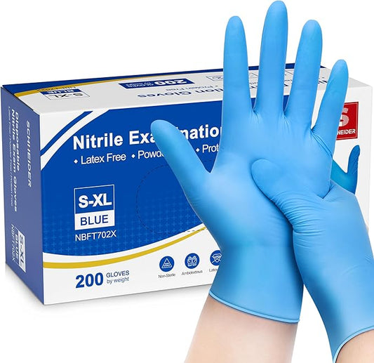 Schneider Nitrile Exam Gloves, Blue, 4 mil, Powder-Free, Latex-Free, for Medical Exam, Cleaning and Food Prep, Non-Sterile